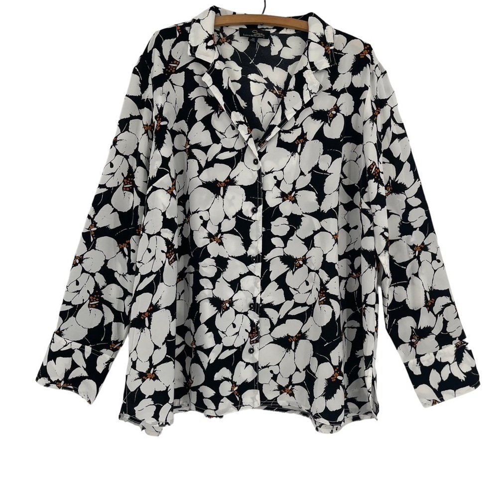 Suzanne Betro Black Floral Print  Long Sleeves Tunic Blouse Women Size 3X